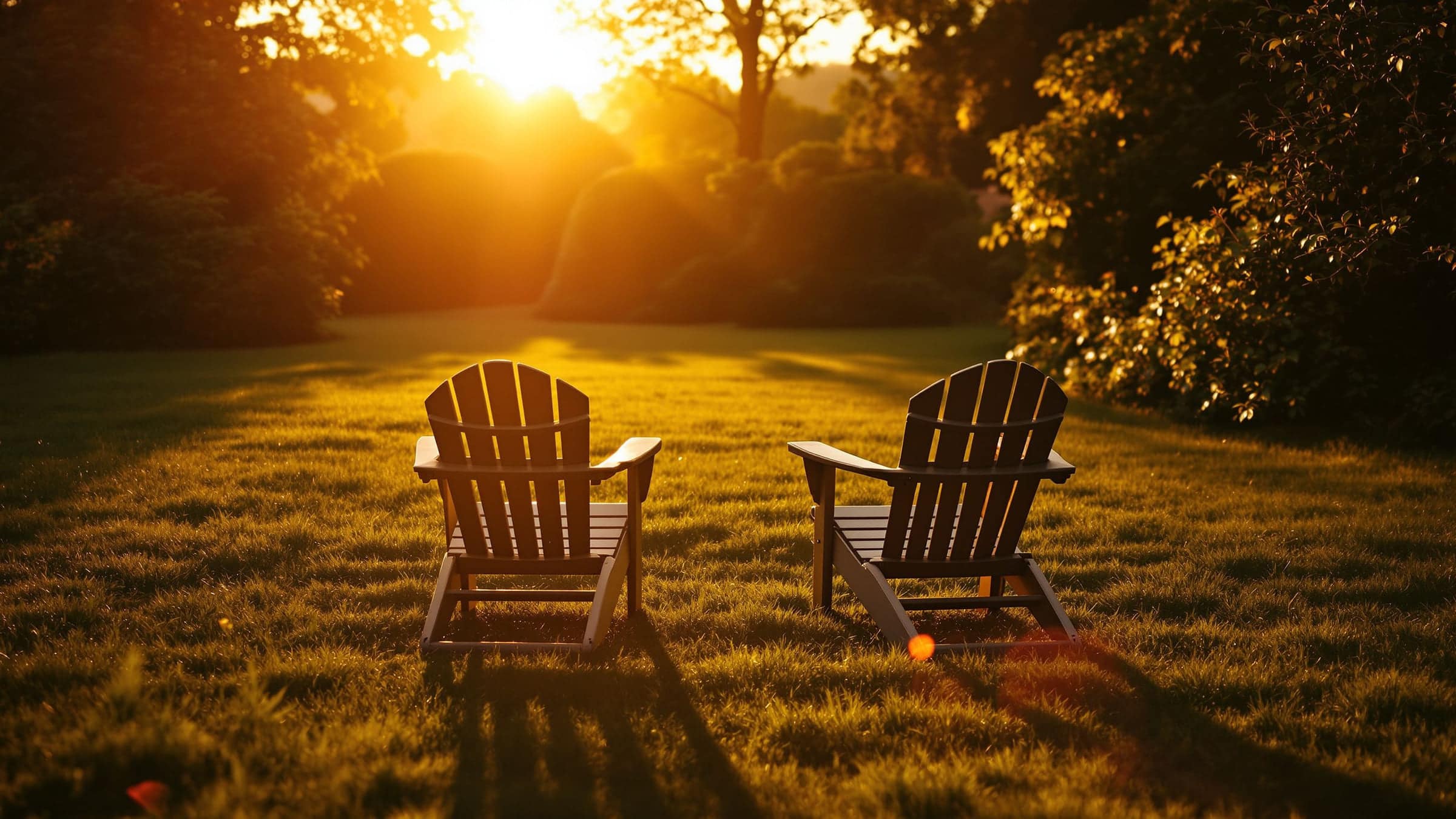 Two empty chairs side by side in a garden at sunset.