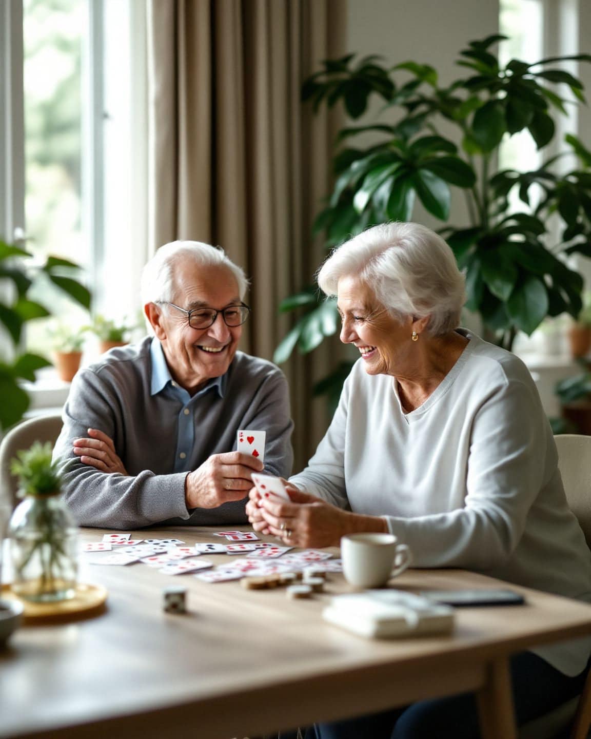 An older couple plays cards in a bright assisted living common room.