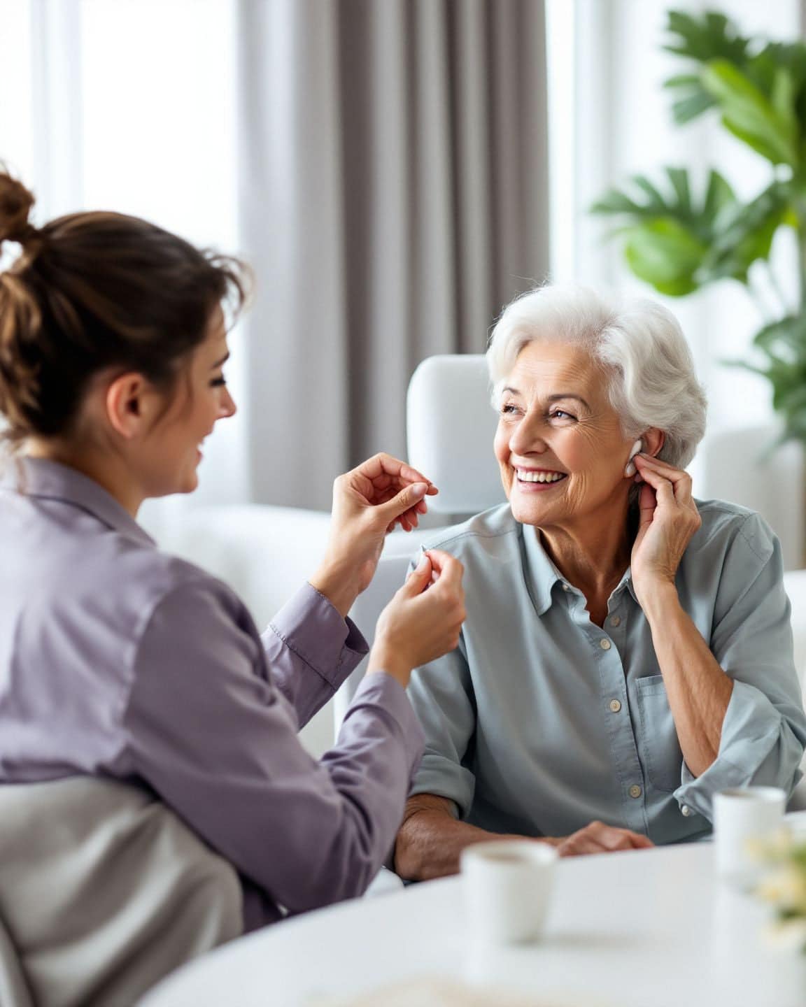 A hearing specialist fits a small hearing aid for a smiling older woman.