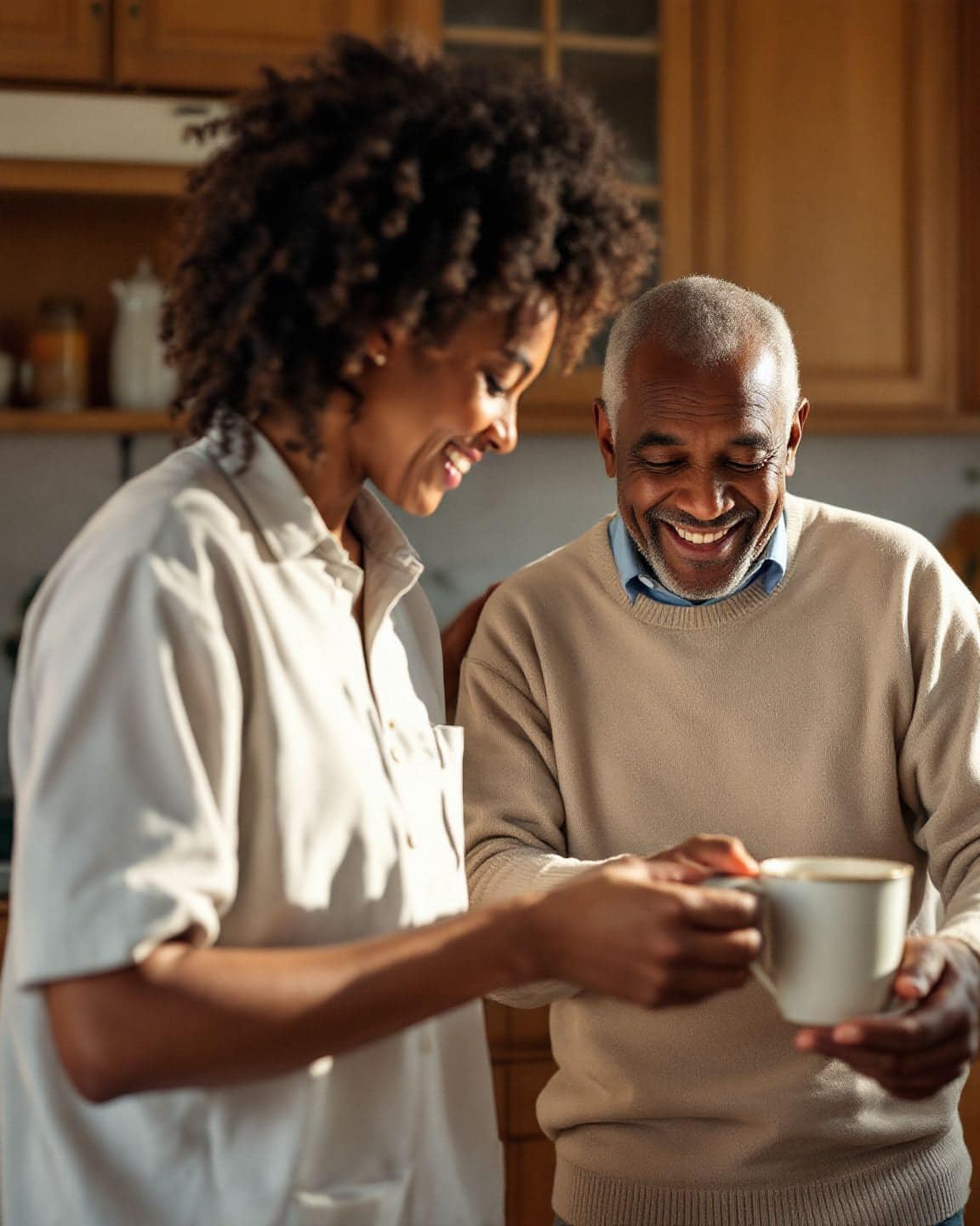 A home caregiver helps an older man make tea in his own kitchen.