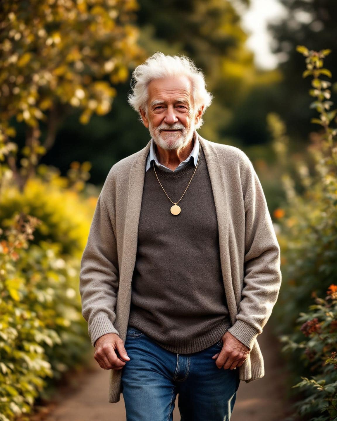 An older man walks a garden path wearing a small plain pendant.