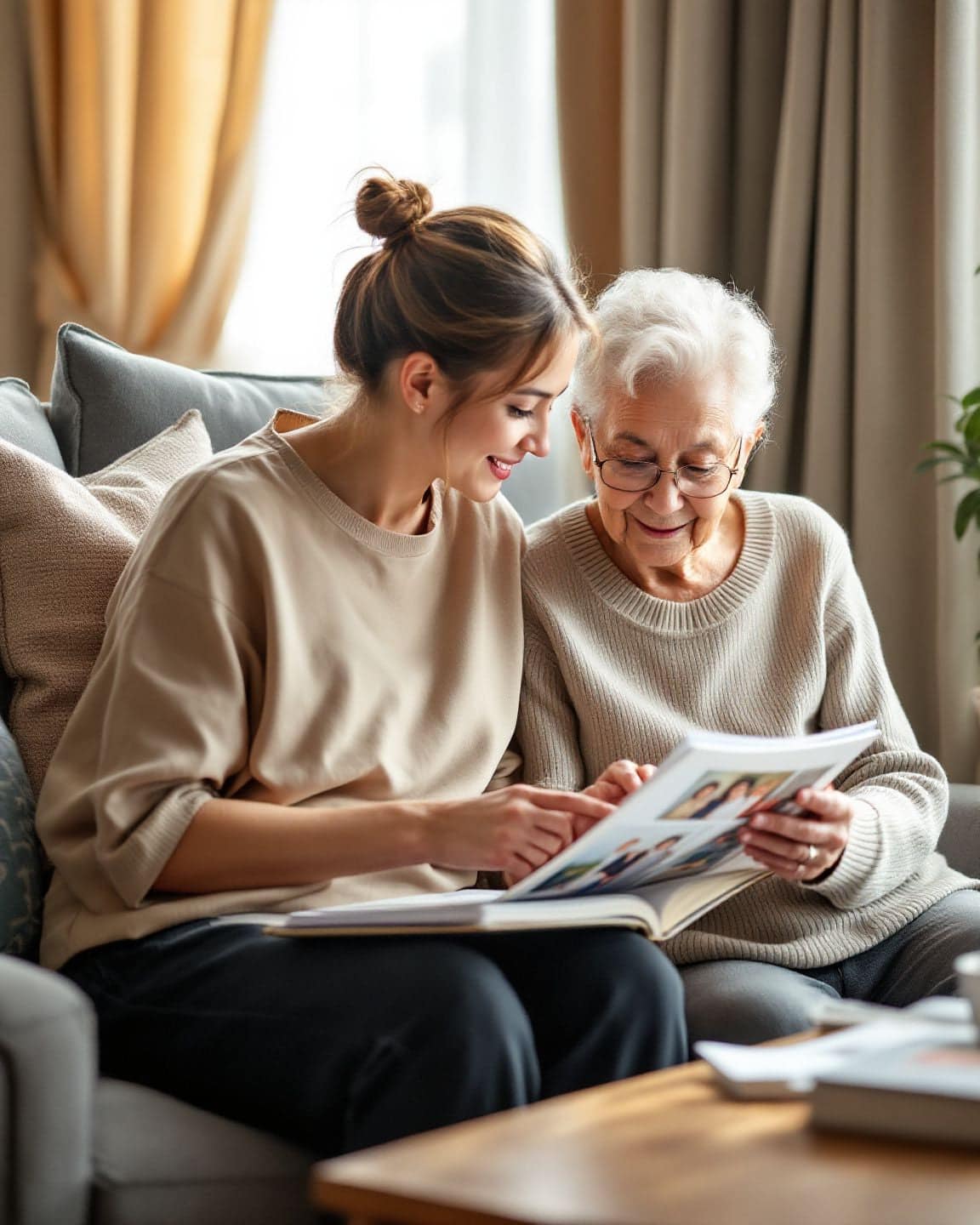 A caregiver and an older woman look through a photo album together.