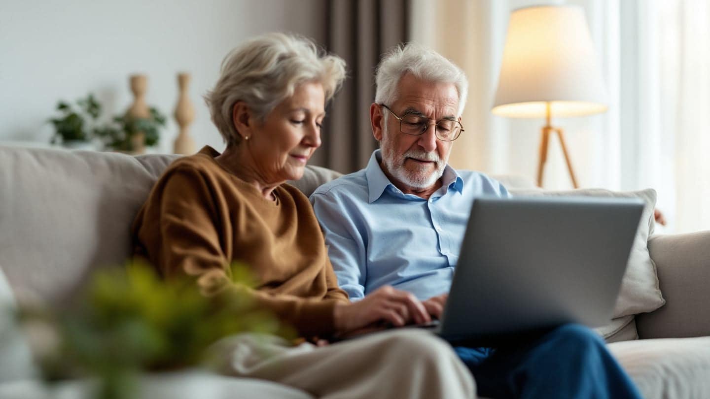 An older couple looks at a laptop together on their sofa.