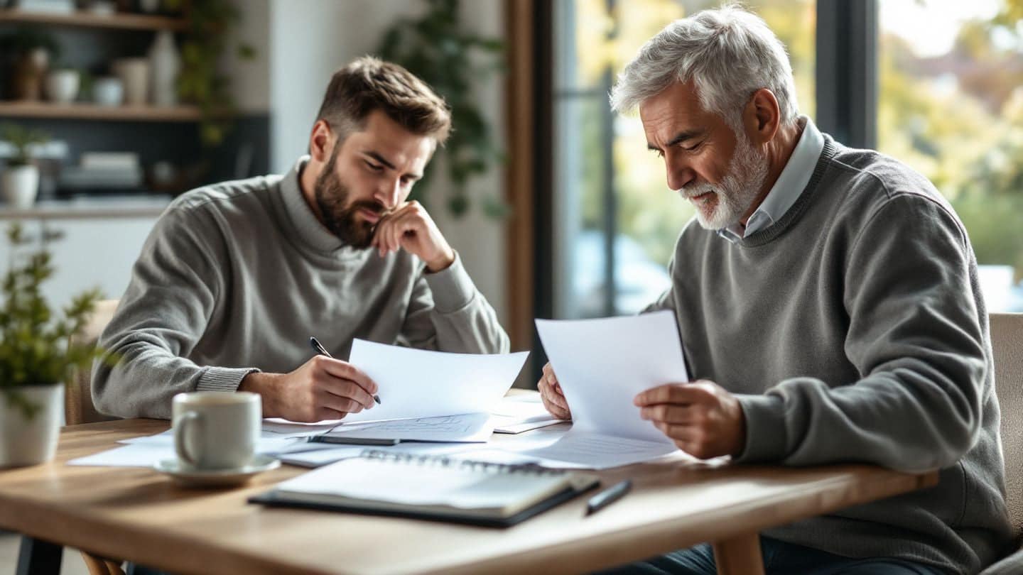 An adult son and his older father review papers together at a dining table.
