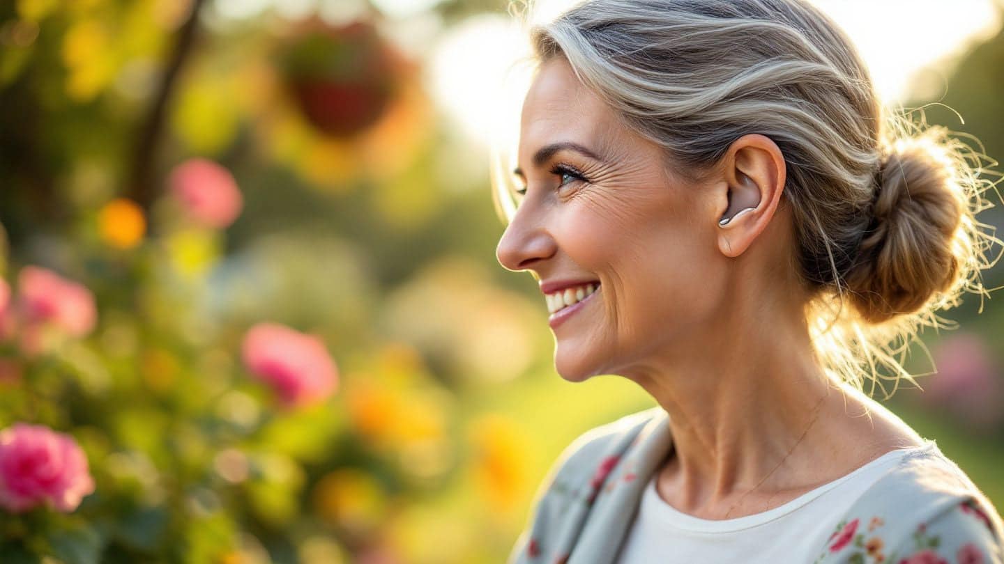 Profile of a smiling older woman wearing a small hearing aid behind her ear.